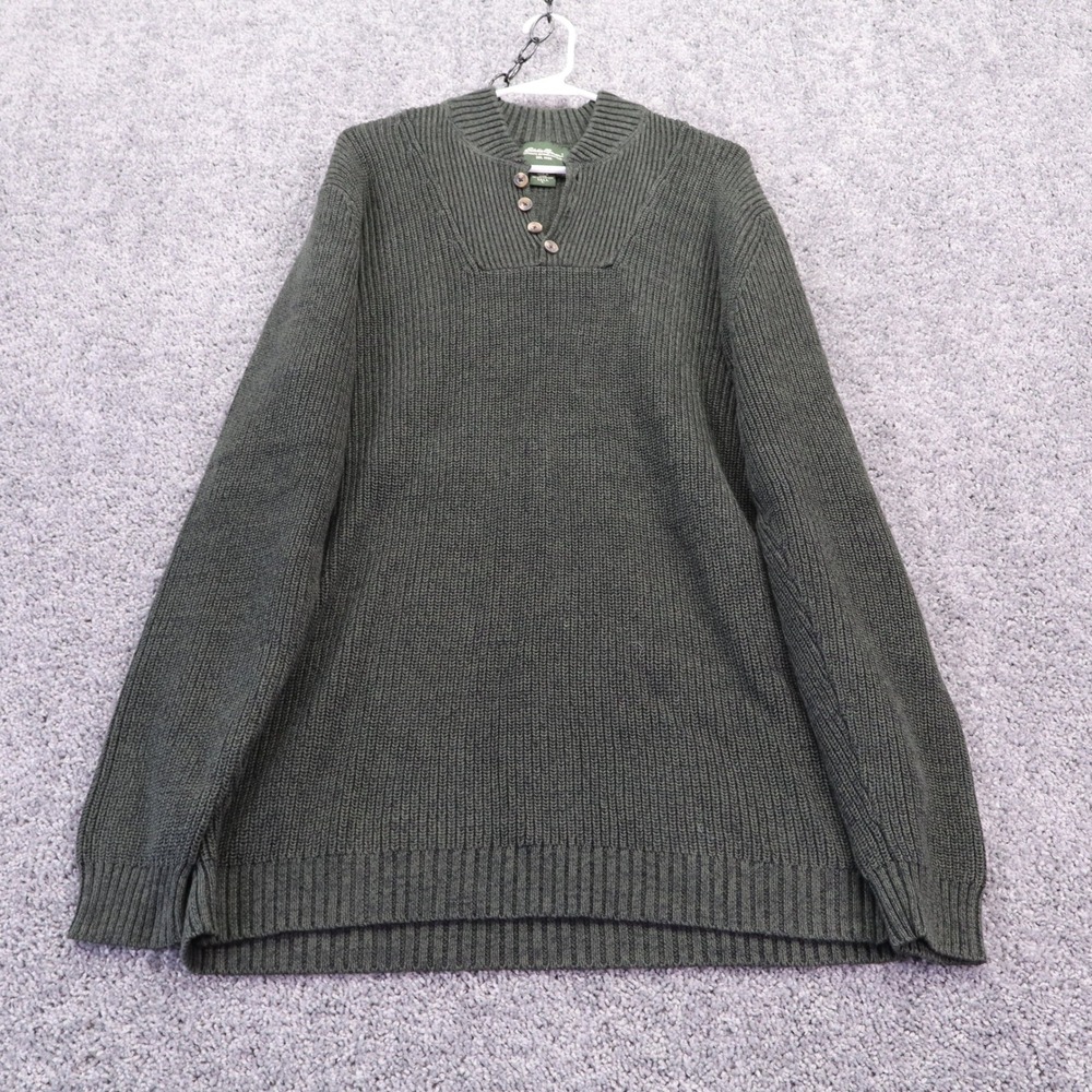 Eddie Bauer Sweater Mens Large Tall Green Cotton Ribbed Henley Pullover